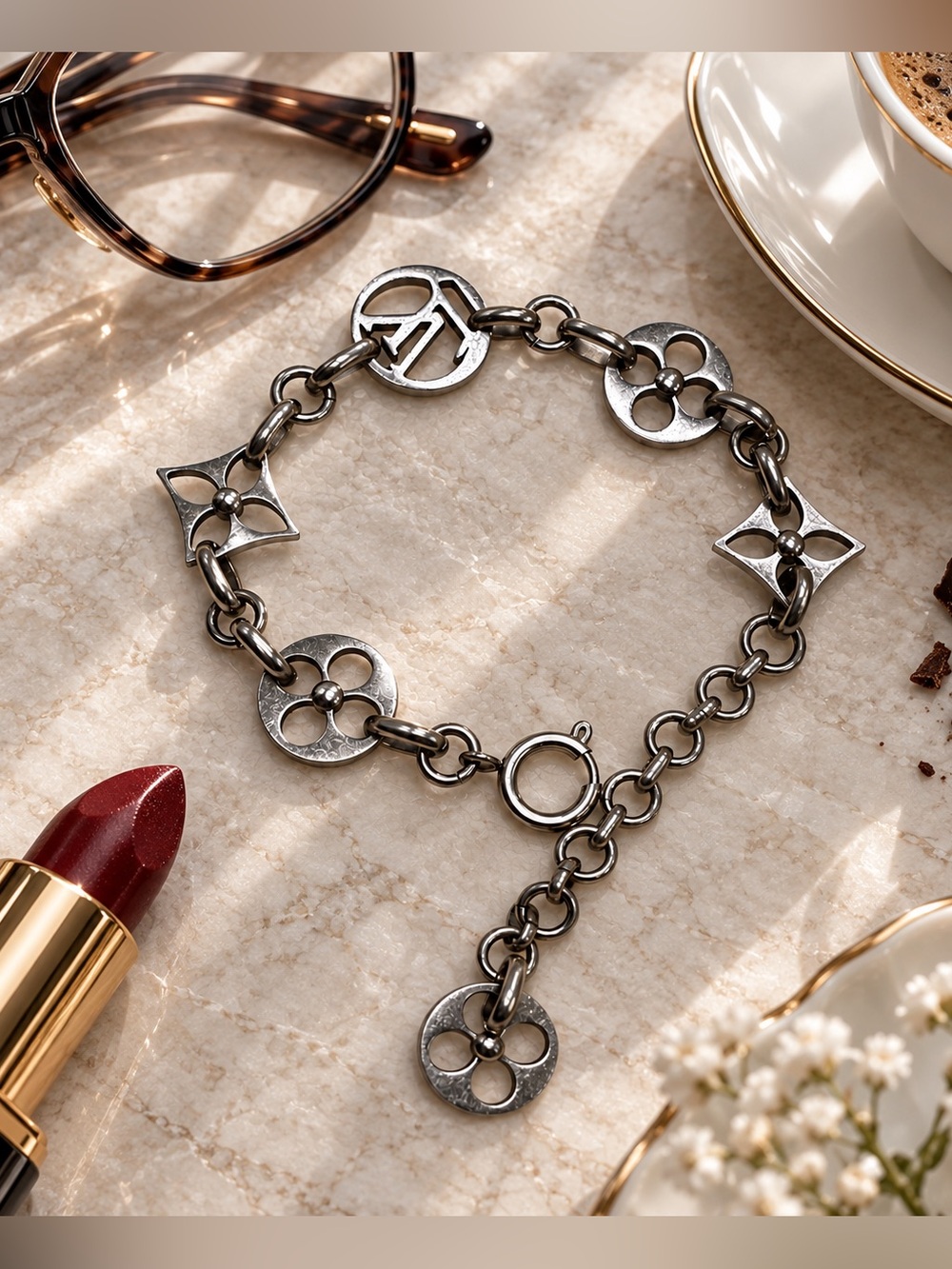 Silver Stainless Steel Flower Charm Chain Bracelet